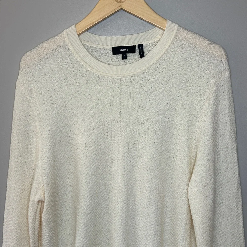 Theory Men’s Merino Wool Crewneck Pullover Herringbone Knit Sweater Medium Ivory